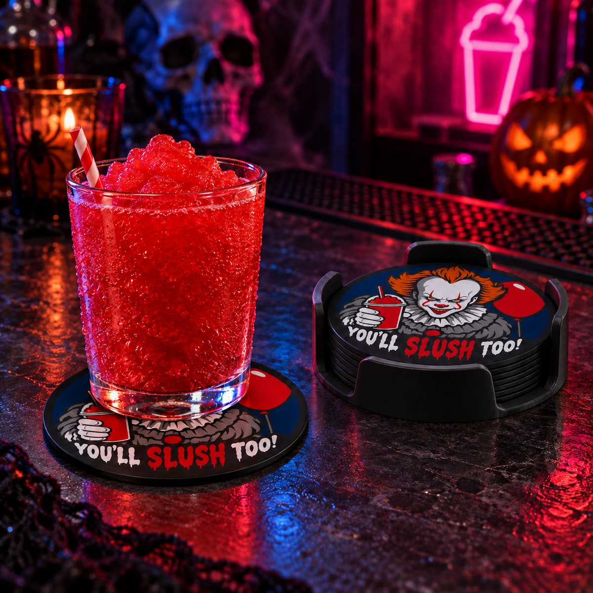 Verre de slush rouge posé sur un dessous de verre clown