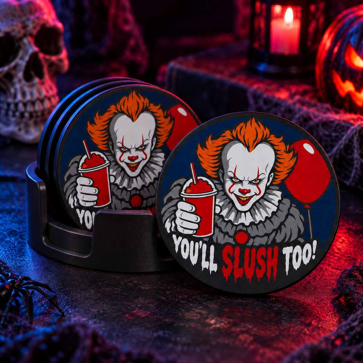 Dessous de verre clown rangés dans leur support noir